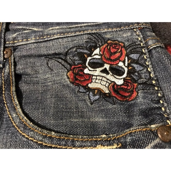 Vintage Marc Ecko Cut & Sew Skull Dagger Distressed Denim Jeans 34x32 P Wing Rlx - Picture 4 of 13